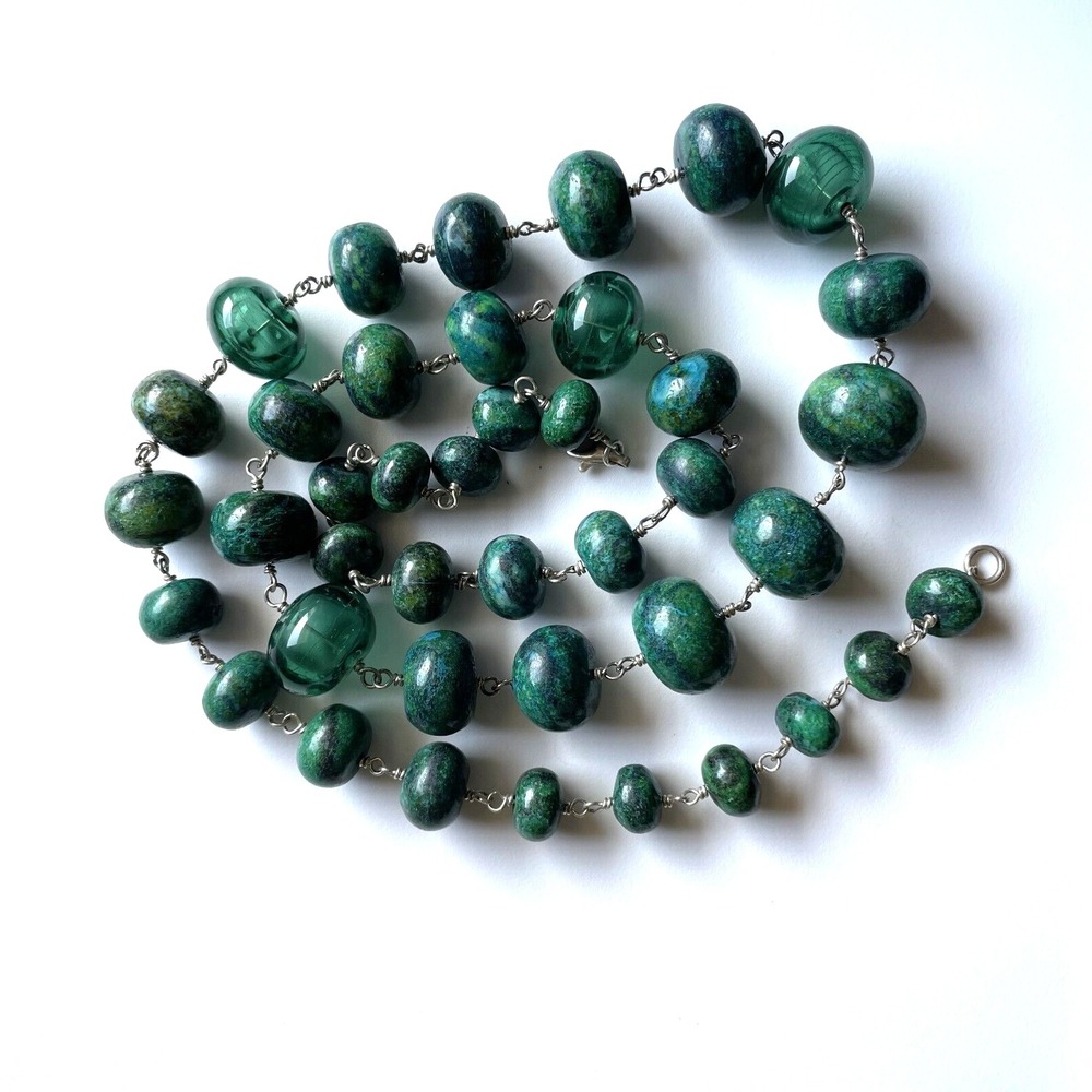 Vintage Malachite Graduated Gemstone Necklace with 4 Glass Beads 31" 6.8 oz